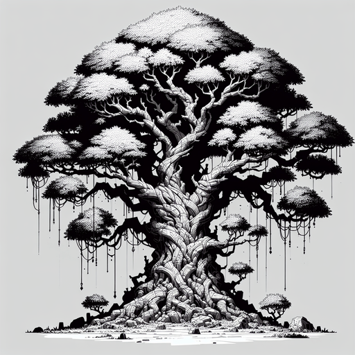 Giant_tree.
Single Game Texture.  In-Game asset.  2d.  Blank background.  High contrast.  No shadows