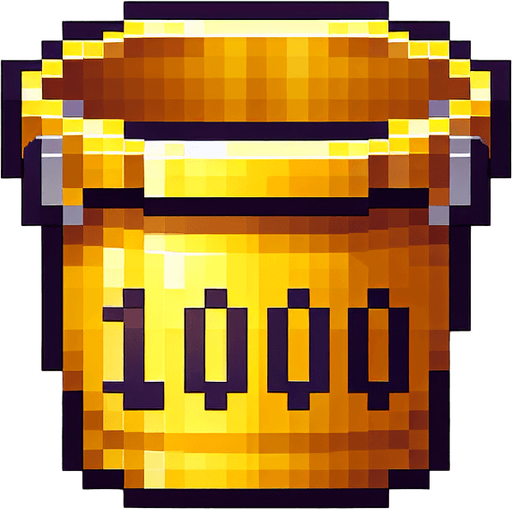 golden bucket with 100 text on it. front view. 
Single Game Texture. In-Game asset. 2d. Blank background. High contrast. No shadows. pixel. 8 bit
