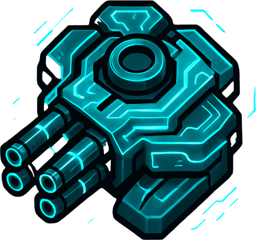 top-down view, small rapid-fire digital turret, multiple mini barrels, bright cyan glowing circuits, compact and fast look.
In-Game asset.  2d.  High contrast.  No shadows