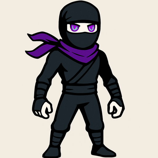 A ninja wearing tight black clothes, purple scarf, masked face, white skin, glowing purple eyes, slim and agile body, simple background, front-facing character with no background, standing pose, 2D game character.
In-Game asset.  2d.  High contrast.  No shadows