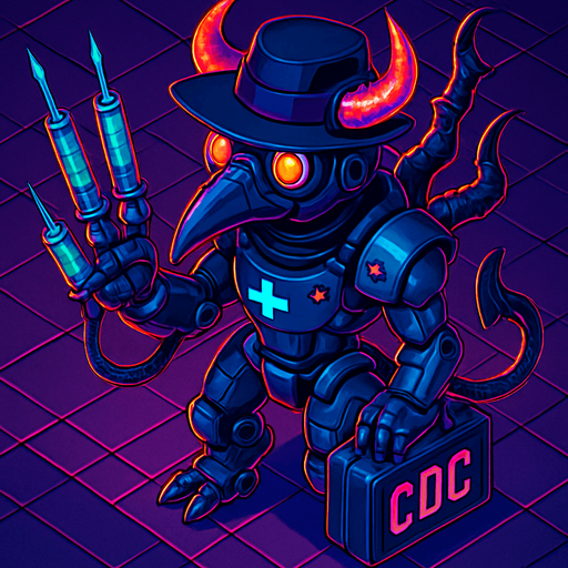 Neon cyberpunk anime top down isometric animatronic plague doctor cyborg demon medic CDC corporate robot monster disease pestilence medicine syringes