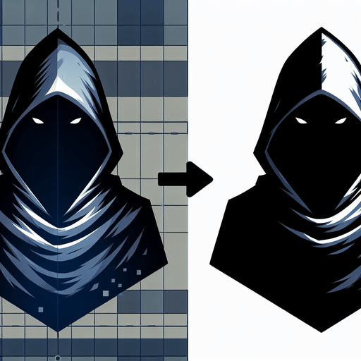 A stylized cloak hood casting a deep shadow, with only faint eyes or nothing visible within. Could also be a figure splitting into a solid version and a shadowy decoy..
Single Game Texture.  In-Game asset.  2d.  Blank background.  High contrast.  No shadows