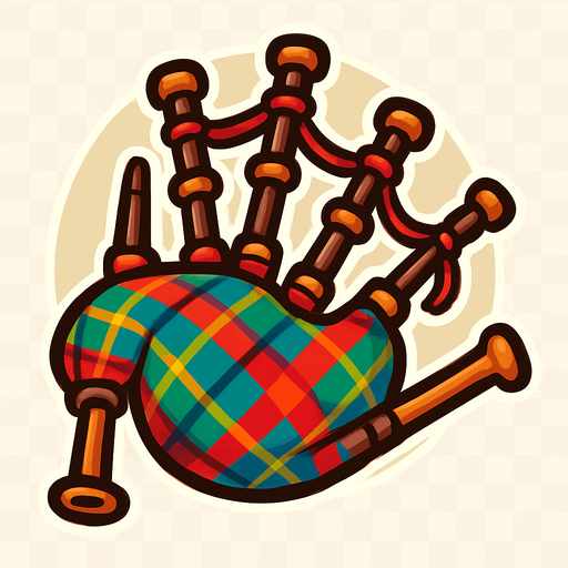 A fun, cartoony illustration of Scottish bagpipes with a tartan pattern. Rounded edges, high-contrast details, and transparent rounded background. Designed as an icon for a world music game..
In-Game asset.  2d.  High contrast.  No shadows