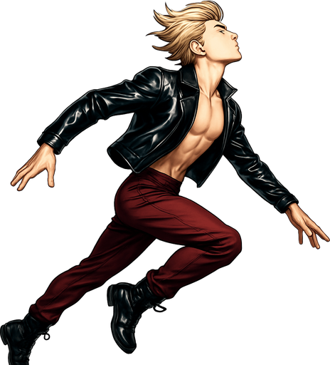 Swishy graceful man opposite arm and leg in front Cyberpunk manga, side profile view jumping pushing off the ground one leg extended one knee raises arms at sides loookkng skyward torpedo magic launching leap jump, shiny black leather biker jacket longsleeves shirtless Skinny abs blonde pompadour guy, wine red joggers combat boots, Background removed, "Full-body character, entirely in frame, no cropping of face, head, or feet" "Complete character visible, from head to toe, fully centered in the image" "Entire character, including face and boots, fully within the frame" Character fully contained within a square frame, no edges cut off fashion model idle pose