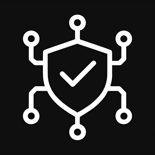 white, simple digital badge icon, clean futuristic circuit look, top-down view, 76x76 pixels, no text, no glow, flat lines only.
High contrast.  No shadows