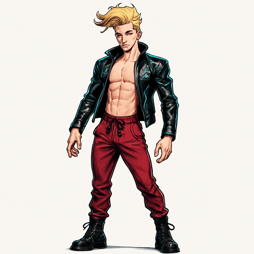 Swishy graceful man Cyberpunk manga, facing forward idle pose shiny black leather biker jacket longsleeves shirtless Skinny abs blonde pompadour guy, action shot wine red joggers combat boots, Background removed, "Full-body character, entirely in frame, no cropping of face, head, or feet" "Complete character visible, from head to toe, fully centered in the image" "Entire character, including face and boots, fully within the frame" Character fully contained within a square frame, no edges cut off fashion model pose