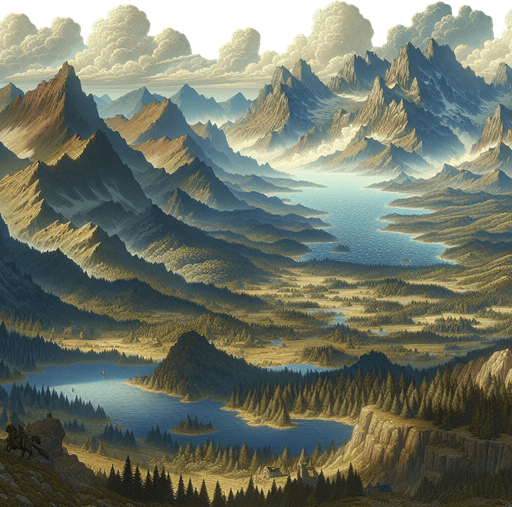 A background illstration for a game, rich in style, medieval fantasy themed, of a landscape seen from a great distance, like froma mountain ridge with mountains and forests and lakes and lots of features..
Single Game Texture. In-Game asset. 2d. Blank background. High contrast. No shadows.