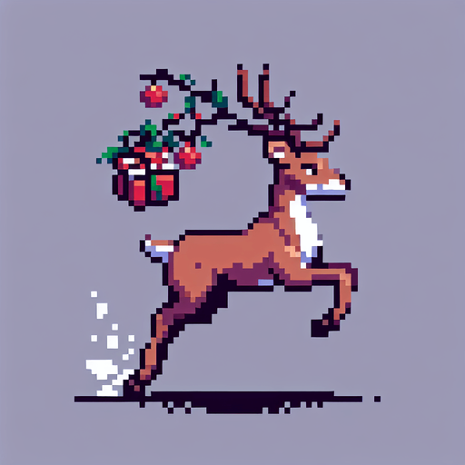 8 bit. raindeer bringing x-mas pressents. in game asset. Single Game Texture. In-Game asset. 2d. Blank background. High contrast. No shadows.