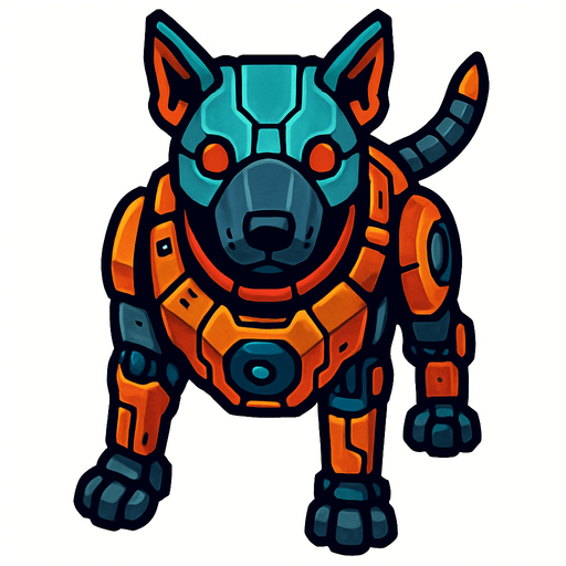 Perro ciborg visto desde arriba.
In-Game asset.  2d.  High contrast.  No shadows