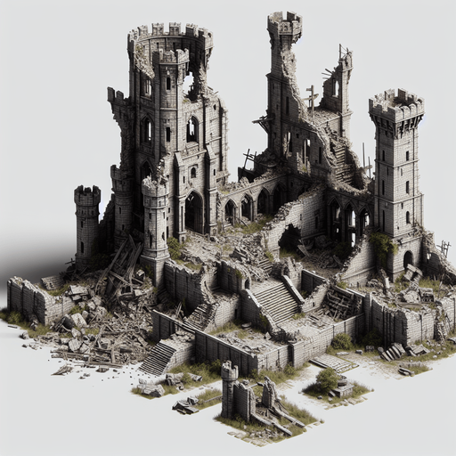 Château fort détruit.
Single Game Texture. In-Game asset. 2d. Blank background. High contrast. No shadows.