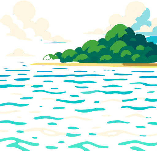 The tropical ocean with the shore of an island in the far background easily looping itself.
In-Game asset.  2d.  High contrast.  No shadows