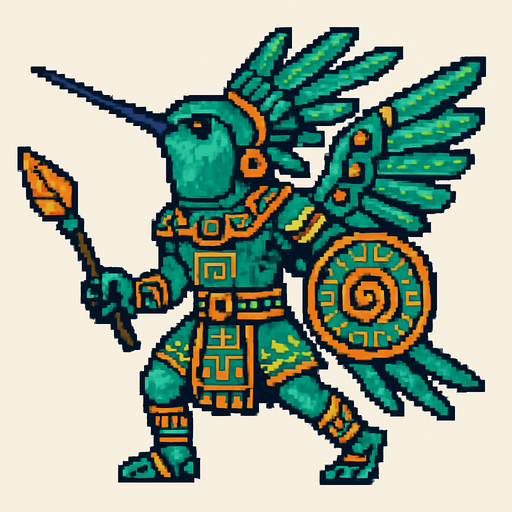 Generame un guerrero voaldor Colibrí esmeralda del Chiribiquete estilo azteca con patrones, estilo pixelar.
In-Game asset.  2d.  High contrast.  No shadows