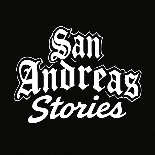 letras blancas con un contorno negro con cursiva. que dicen san andreas stories
In-Game asset.  2d.  High contrast.  No shadows con el tipo de letra del el juego gta san andreas