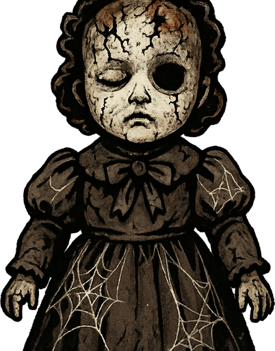 one scary porcelain doll. It is clear from the whiteness of his skin that he has been standing there for years, one eye is completely closed and one eye is open but he has no eyes (jet black). She has suffered blows for years, fractures and burns on her head, and her beautiful dress is covered with cobwebs..
In-Game asset.  2d.  High contrast.  No shadows