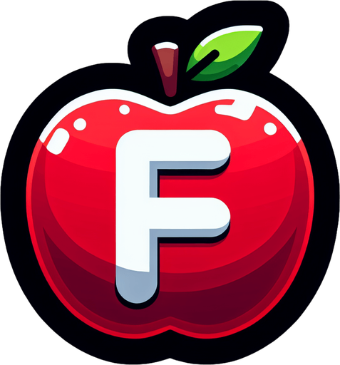 a white "F" on a red apple..
Single Game Texture. In-Game asset. 2d. Blank background. High contrast. No shadows.