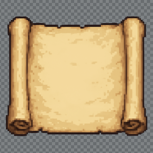 High-quality 2D pixel art of an empty parchment scroll. The scroll is slightly aged, with soft yellowed paper tones, curled edges, and subtle wrinkles and texture details. The ends are rolled and slightly shadowed for depth. The parchment is unrolled and centered, with no text or symbols on it. Style is clean and classic 16-bit pixel art, suitable for use in a fantasy RPG inventory or dialogue box. Transparent background.".
In-Game asset.  2d.  High contrast.  No shadows