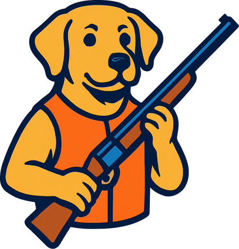 labrador dog hold a hunt gun.
In-Game asset.  2d.  High contrast.  No shadows