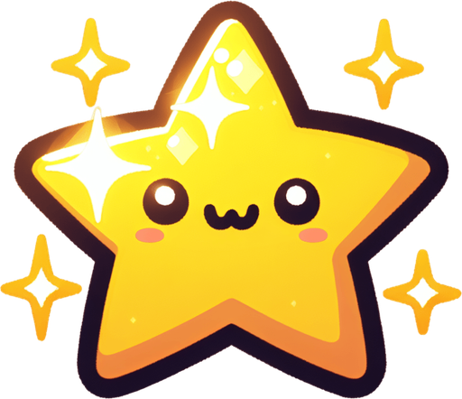 a bright yellow shiny cute star.
Single Game Texture. In-Game asset. 2d. Blank background. High contrast. No shadows.
