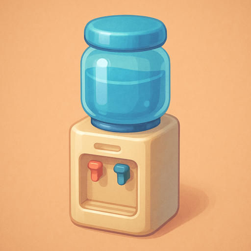 A water cooler. Cute soft graphics. soft ambient light. semi-matte to satin surfaces. naturalistic with slight saturation boost colors. 
In-Game asset.  2d.  High contrast.  No shadows. top down..
In-Game asset.  2d.  High contrast.  No shadows