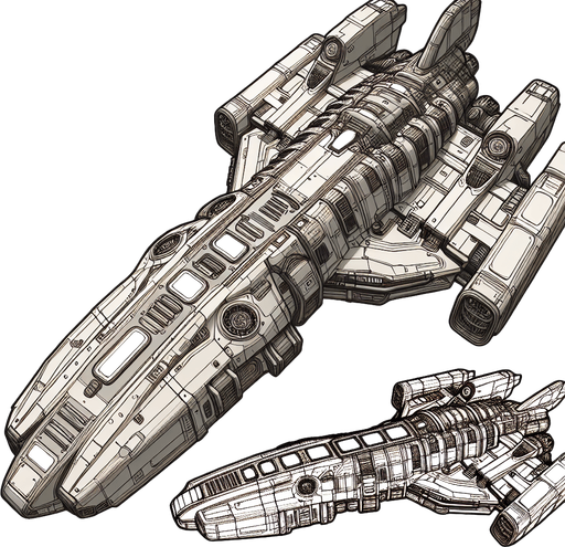 Spaceship.
Single Game Texture.  In-Game asset.  2d.  Blank background.  High contrast.  No shadows