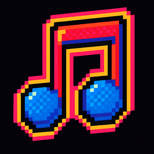 A music note. 80s arcade machine graphics..
In-Game asset.  2d.  High contrast.  No shadows