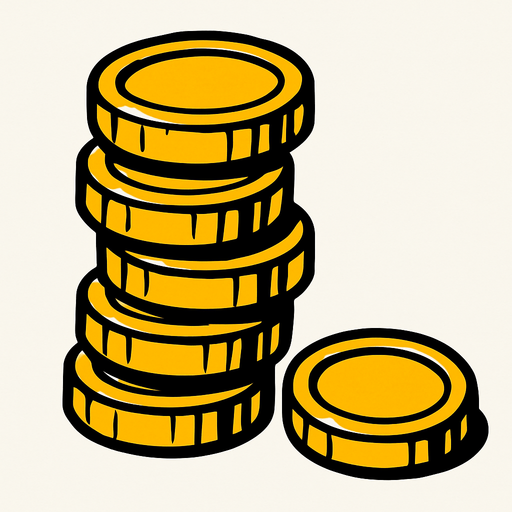 5 tane üst üste durmuş, kule gibi ama yamuk olan ve bir tanede yere düşmüş madeni para.
In-Game asset.  2d.  High contrast.  No shadows