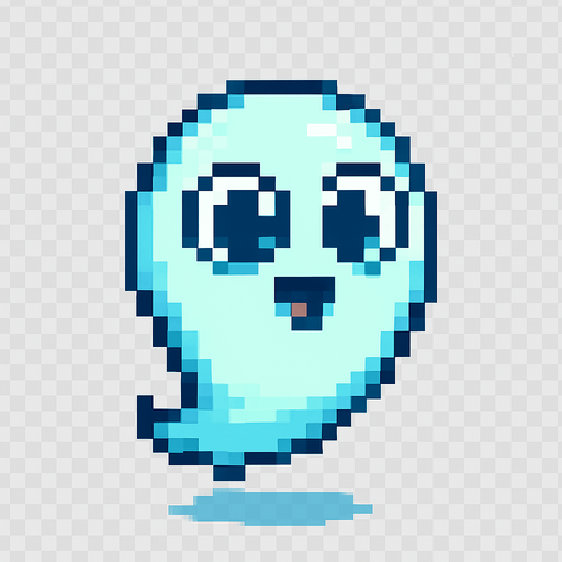 El fantasma debe tener un diseño amigable y en estilo pixel art, con cuerpo flotante de forma ovalada o en forma de gota invertida, color blanco o celeste pálido con bordes suaves y contorno oscuro para resaltar; su cara debe incluir ojos grandes y redondos con expresión simpática o curiosa, y una boca pequeña en forma de sonrisa o círculo; puede tener una animación sutil de flotación vertical, como si levitara suavemente en el aire, y opcionalmente incluir detalles como un leve brillo, transparencia o una colita ondeante en la parte inferior; el fondo debe ser transparente, y su estilo visual debe encajar en un mundo colorido y casual..
In-Game asset.  2d.  High contrast.  No shadows