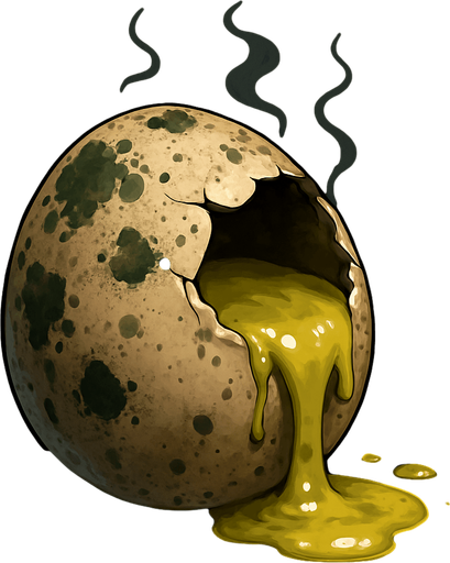 A high-resolution digital illustration of a rotten egg cracked open on one side, oozing a viscous, yellowish-green yolk and albumen. The shell is mottled with dark brown and green mold spots, with wisps of faint greenish gas rising. Textured detail on the shell’s rough, pitted surface, with subtle drips and splatters. Moody, low-key side lighting casts dramatic shadows and highlights the glossy, decaying textures. Semi-realistic style.
In-Game asset.  2d.  High contrast.  No shadows