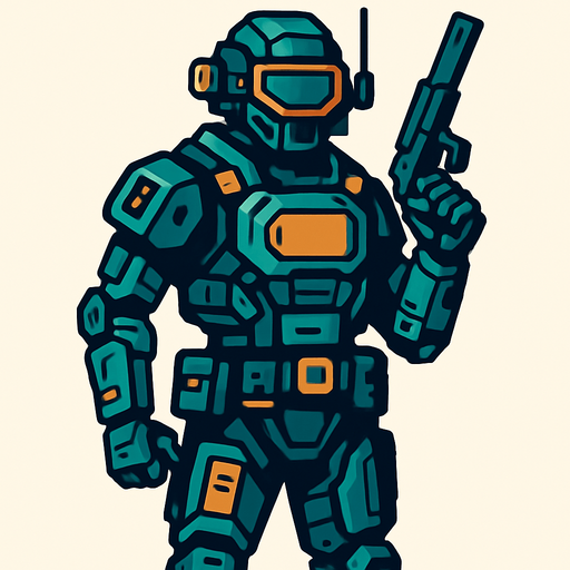 technological soldier.
In-Game asset.  2d.  High contrast.  No shadows