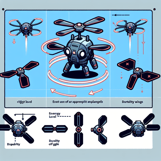 A robot with small, propeller-like wings. These wings allow the robot to glide through the air for short periods of time and change direction. The player has to use the wings at the right times and angles to control the fall, overcome obstacles and reach the goal. The robot's energy level and the durability of the wings will be the limiting factors.
Single Game Texture.  In-Game asset.  2d.  Blank background.  High contrast.  No shadows