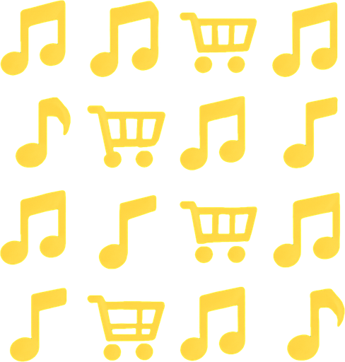 Mavi arka plan üzerinde sarı müzik notası simgeleri ve market arabası simgeleri olsun.
In-Game asset.  2d.  High contrast.  No shadows