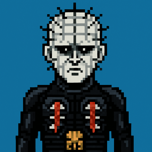 pinhead hellraiser pixel art.
In-Game asset.  2d.  High contrast.  No shadows