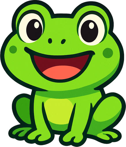 “A cute cartoon-style frog character for a mobile game. Bright green skin, big round eyes, wide smiling mouth, small chubby body, sitting or standing upright. Friendly and playful expression, simple colorful background. High-quality digital illustration, perfect for a fun kids game.”.
In-Game asset.  2d.  High contrast.  No shadows. cartoon style