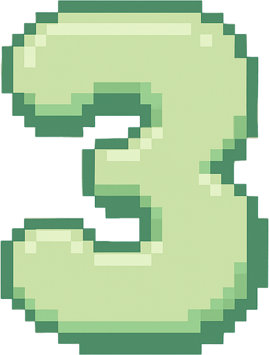 A pixel art number "3" designed for a cozy, cute retro 2D game UI with a bird theme. The number is rendered in soft pastel light green tones to harmonize with the gentle and sweet aesthetic of the game. It has a clean, simple, and rounded pixel style with no harsh edges, fitting perfectly within the pixel art UI style. The number is bold and easily readable at small sizes..
In-Game asset.  2d.  High contrast.  No shadows. pixel art. retro. 2d ui. number. pastel light green. simple. rounded edges. bold. cute. minimal