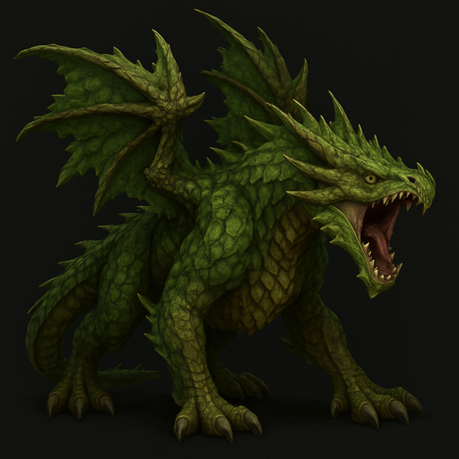 Different standing dragon of forest on four legs, he's head is down and opened mouth to shout. HD colors.
Single Game Texture. In-Game asset. 3D. Blank background. High contrast. No shadows.