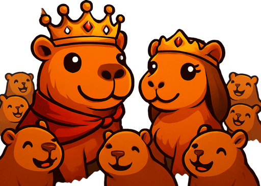 Utilizando este ejemplo. Hay un castillo al fondo. Al frente esta el rey capybara y la reina capybara tranquilos y los capibaras habitantes estan rodeandolos felices. Elimina el cañon de detras. Agrega el titulo de juego en la parte superior: Capybara Castle.
In-Game asset.  2d.  High contrast.