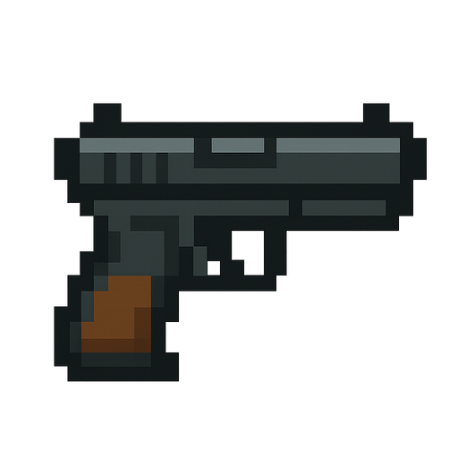 A pixelated gun.
Single Game Texture.  In-Game asset.  2d.  Blank background.  High contrast.  No shadows