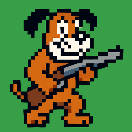 pixart hunting brown dog with black ears and white mouth holding a gun.
In-Game asset.  2d.  High contrast.  No shadows