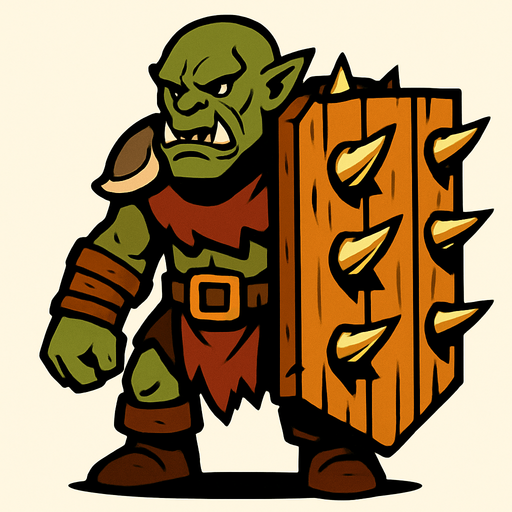 Orc with a big wooden shield full of spikes.
In-Game asset.  2d.  High contrast.  No shadows