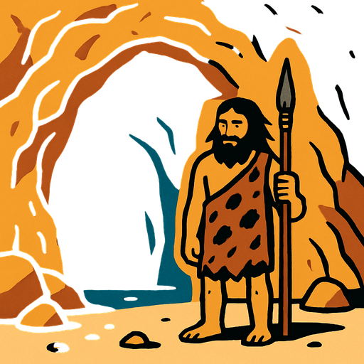 ilk insanların içinde yaşadığı bir mağara. kapısında elinde mızrak olan ilkel bir insan var.
In-Game asset.  2d.  High contrast.  No shadows