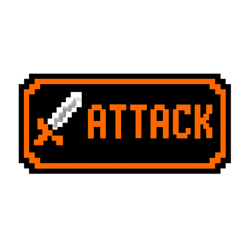 Black button with an orange outline that says "attack" and has a sword icon, pixel art.
In-Game asset.  2d.  High contrast.  No shadows