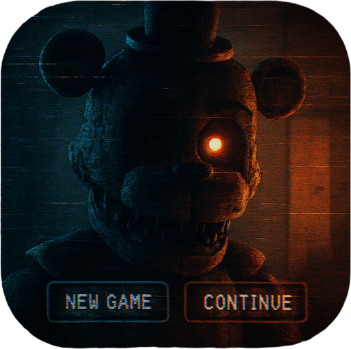 Modern App Store icon, high definition, square with rounded corners, for a game titled "FNAF: GECE VARDİYASI" and with the description "FNAF: GECE VARDİYASI, VHS karıncalanma efektli menüsü ve glitch animatroniğiyle klasik FNAF atmosferini sunan bir fan oyunudur. Menüde yeni oyun ve devam et seçenekleri, oyun içinde ise gece ve saat bilgisiyle test amaçlı gece bitirme butonu bulunur.". No text on icon!