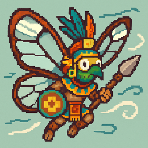 Generame un guerrero azteca con patrones, estilo pixelar, además será una Mariposa alas de vidrio (Greta oto), unidad voladora con alas, con efectos de viento. Tiene que ser un animal..
In-Game asset.  2d.  High contrast.  No shadows