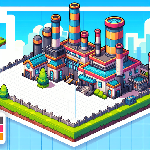 The outside of a factory in a cartoon style.
Single Game Texture.  In-Game asset.  2d.  Blank background.  High contrast.  No shadows
