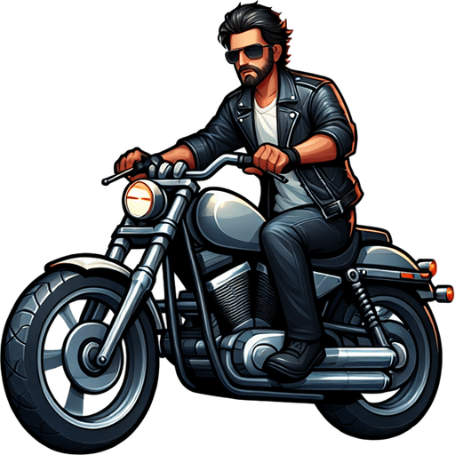 motosiklet kullanan havalı adam.
Single Game Texture. In-Game asset. 2d. Blank background. High contrast. No shadows.