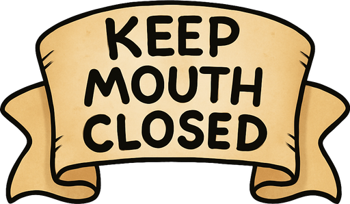 A simple wide hand-drawn symmetrical ribbon banners. The banner text reads “Keep mouth closed” in playful, cartoonish black lettering. The ribbon is warm beige parchment. Each side ends with simple curved, scroll-like ribbon.
Single Game Texture.  In-Game asset.  2d.  Blank background.  High contrast.  No shadows.
