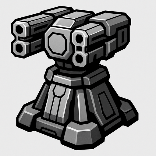 torreta futurista en escala de grises con aspecto default.
In-Game asset.  2d.  High contrast.  No shadows