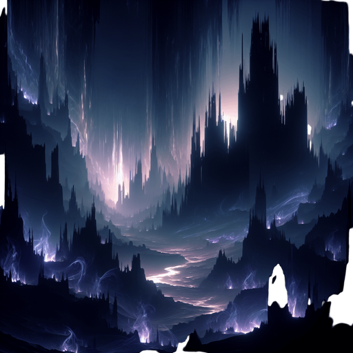 Backdrop: A dark, shadowy realm with faint glowing outlines of jagged structures and flowing mist.

Colors: Black, deep purples, and faint blue highlights.

Details: Shadows shifting and subtle glowing runes..
Single Game Texture. In-Game asset. 2d. Blank background. High contrast. No shadows.