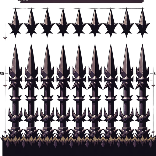 Row of Spikes. Computer Game
Single Game Texture.  In-Game asset.  2d.  Blank background.  High contrast.  No shadows