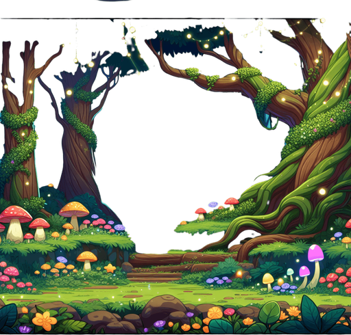 Enchanted forest.
Single Game Texture. In-Game asset. 2d. Blank background. High contrast. No shadows.